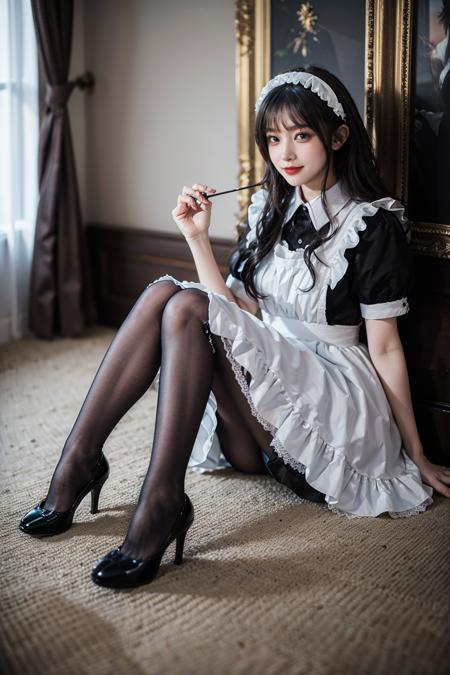 00033-1275221522-best quality, quality, masterpiece, photorealistic,sitting, 1girl, solo, full body, maid attire, black pantyhose, high heels, de.png
